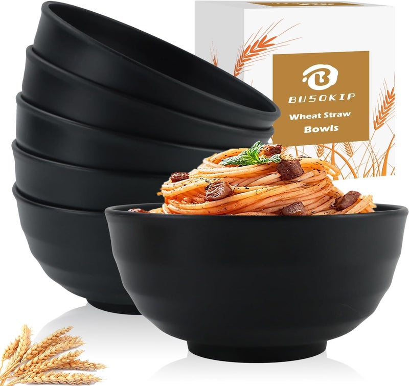 BUSOKIP Wheat Straw Bowls Unbreakable Large Salad Bowls 60 OZ Set of 6, Microwave and Dishwasher Safe Large Plastic Bowl, Big Bowl for Eating, Serving Soup, Ramen, Popcorn (Black) - Image 1