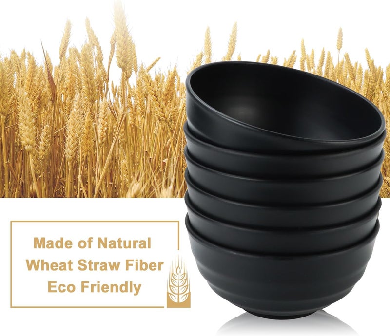BUSOKIP Wheat Straw Bowls Unbreakable Large Salad Bowls 60 OZ Set of 6, Microwave and Dishwasher Safe Large Plastic Bowl, Big Bowl for Eating, Serving Soup, Ramen, Popcorn (Black) - Image 3
