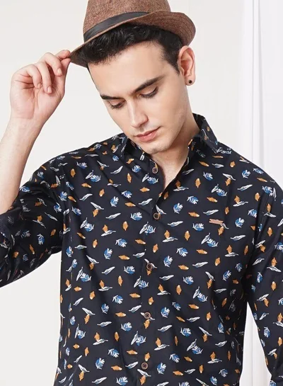 The Indian Garage Co Men Slim Fit Graphic Print Full Sleeves Spread Collar Casual Shirt