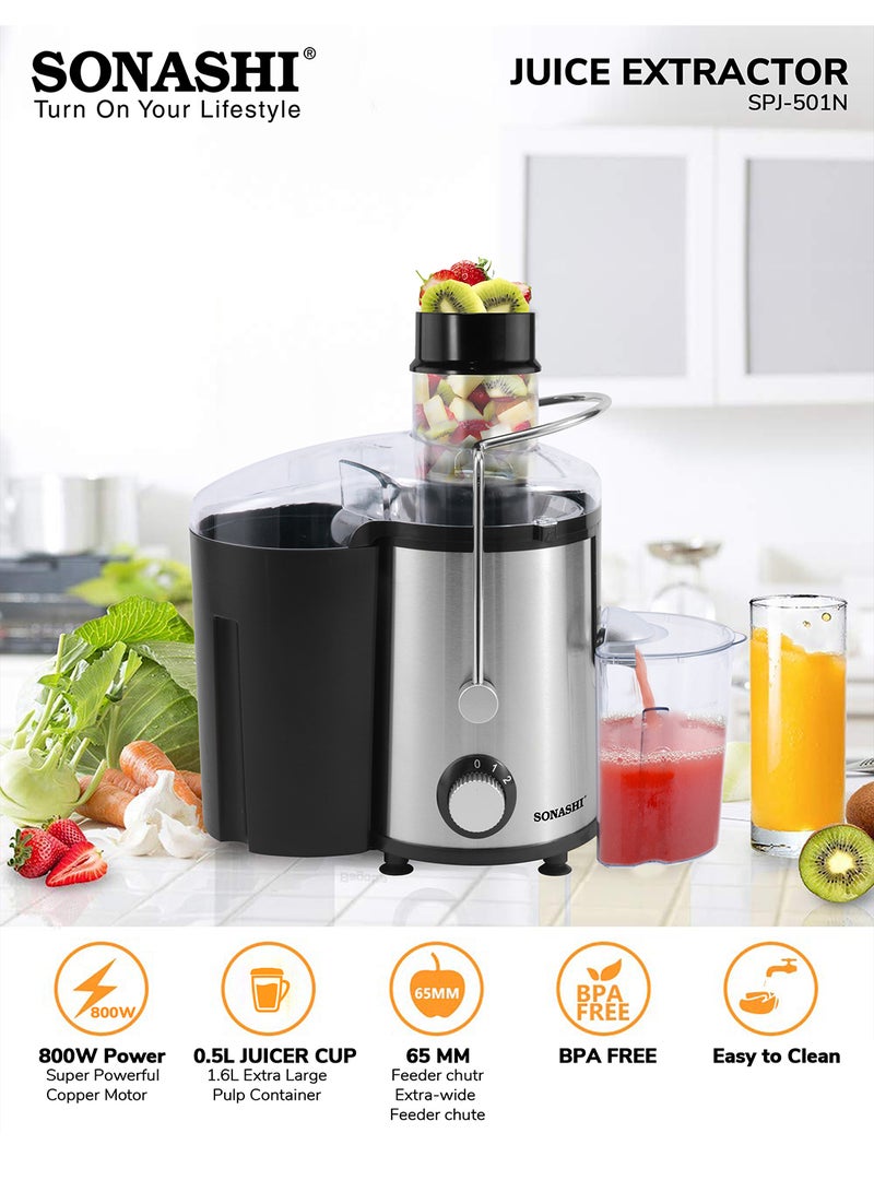 SONASHI Juice Extractor with 2 Speeds - 1.6L Large Pulp Container, 500ML Juicer Cup | Whole Fruit Juice Extractor with Stainless Steel Body & Filter Basket | Juicer Machine for Fresh Juices | Motor Overheat Protection 1.6 L 800 W SPJ-501N Black/Silver - Image 2