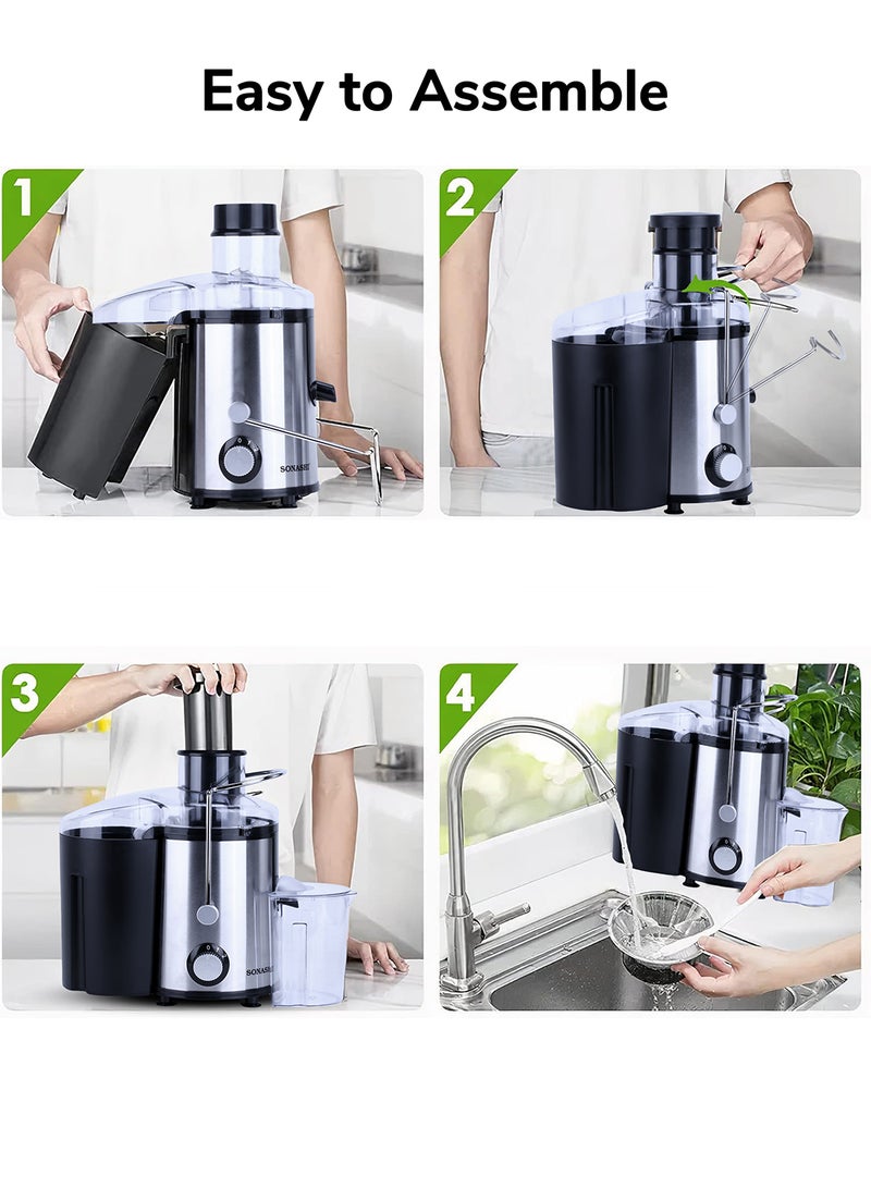 SONASHI Juice Extractor with 2 Speeds - 1.6L Large Pulp Container, 500ML Juicer Cup | Whole Fruit Juice Extractor with Stainless Steel Body & Filter Basket | Juicer Machine for Fresh Juices | Motor Overheat Protection 1.6 L 800 W SPJ-501N Black/Silver - Image 3