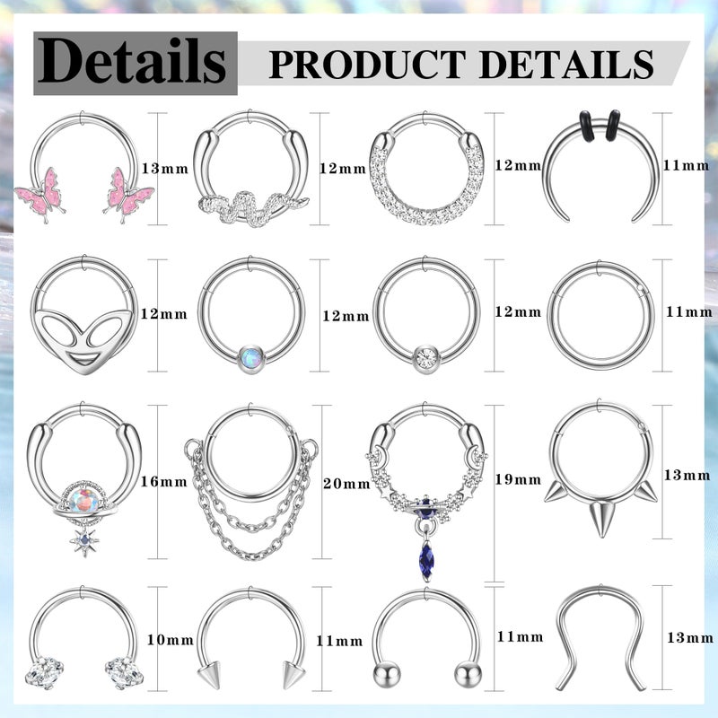 LOYALLOOK 16Pcs 16G Septum Ring Septum Piercing Jewelry for Women Stainless Steel, Stainless Steel, cubic zirconia - Image 5