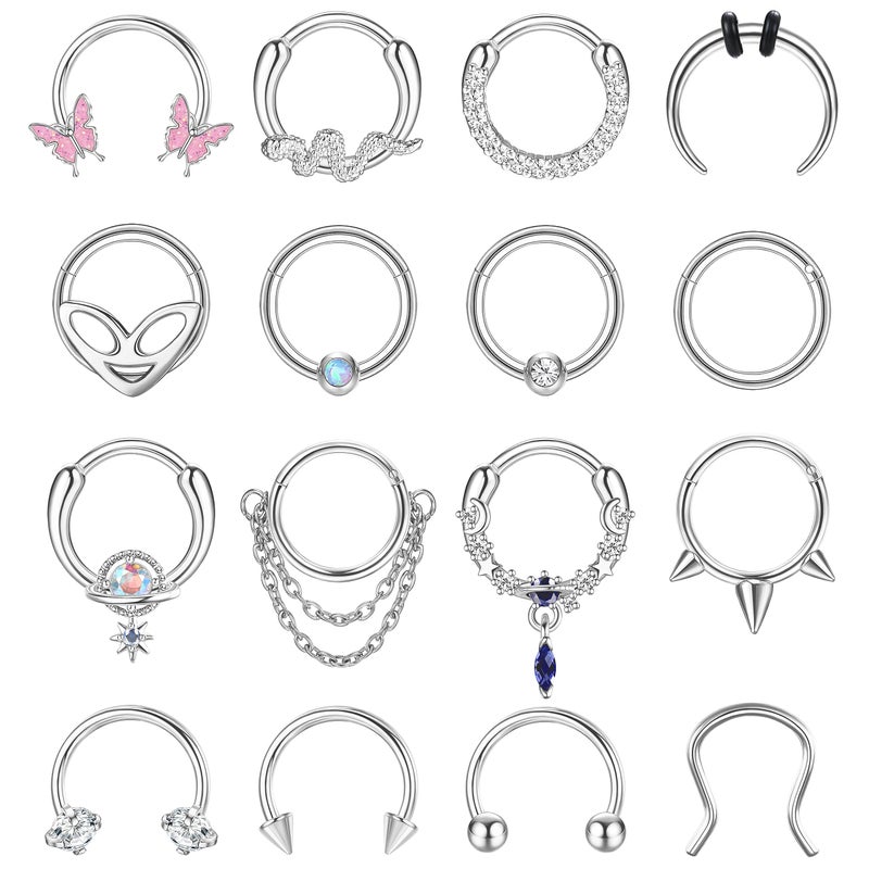 LOYALLOOK 16Pcs 16G Septum Ring Septum Piercing Jewelry for Women Stainless Steel, Stainless Steel, cubic zirconia - Image 1