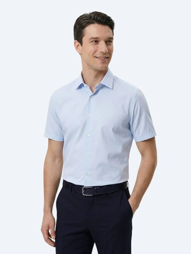 Kip Light Blue Regular Fit Short Weaving Classical Cotton Blended Shirt