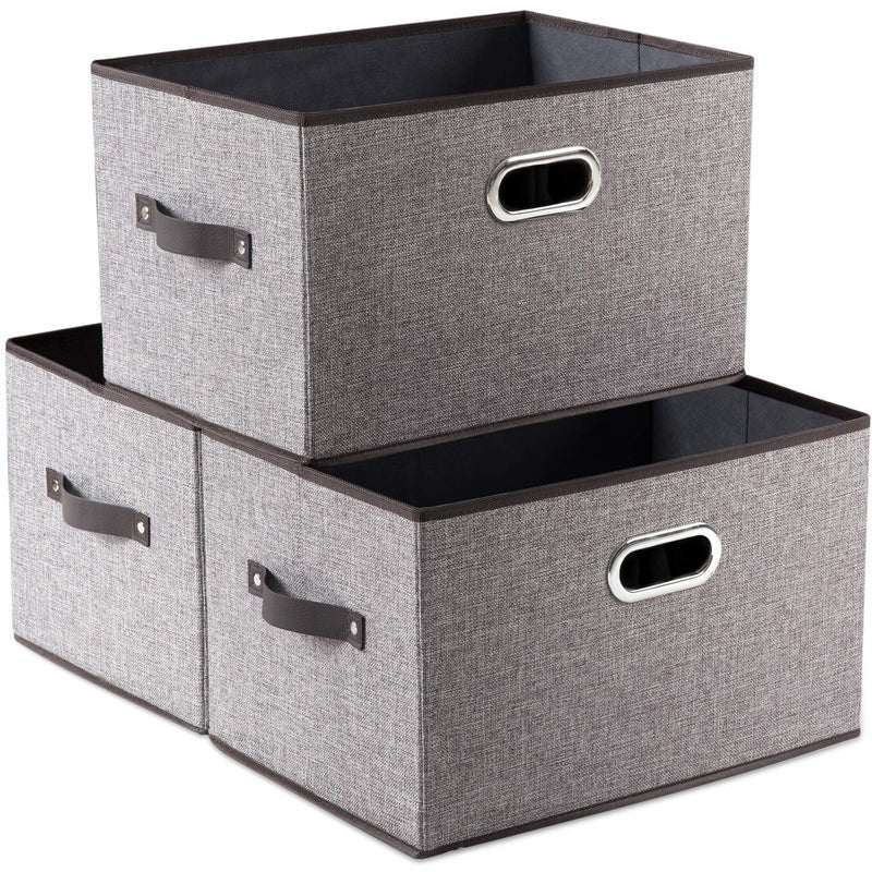 PRANDOM Larger Collapsible Storage Bins for Closet [3-pack] Decorative Linen Fabric Storage Baskets Cubes with Leather/Metal Handles for Living Room Cloth Grey and Black Trim (17.3x12.2x10.4 Inch)
