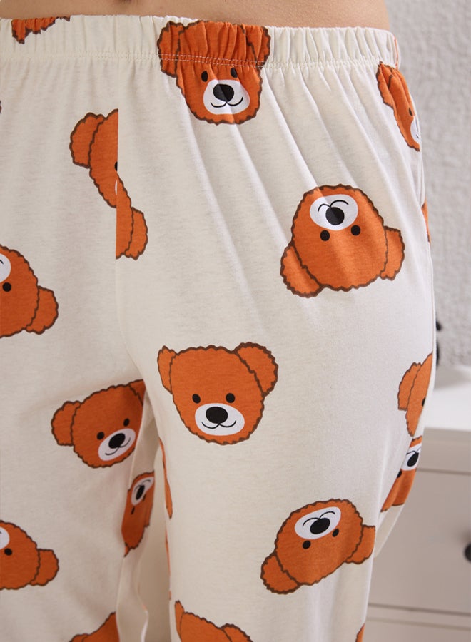 trendyol Ecru Knitted Pajama Set with Teddy Bear - 100% Cotton - Image 3