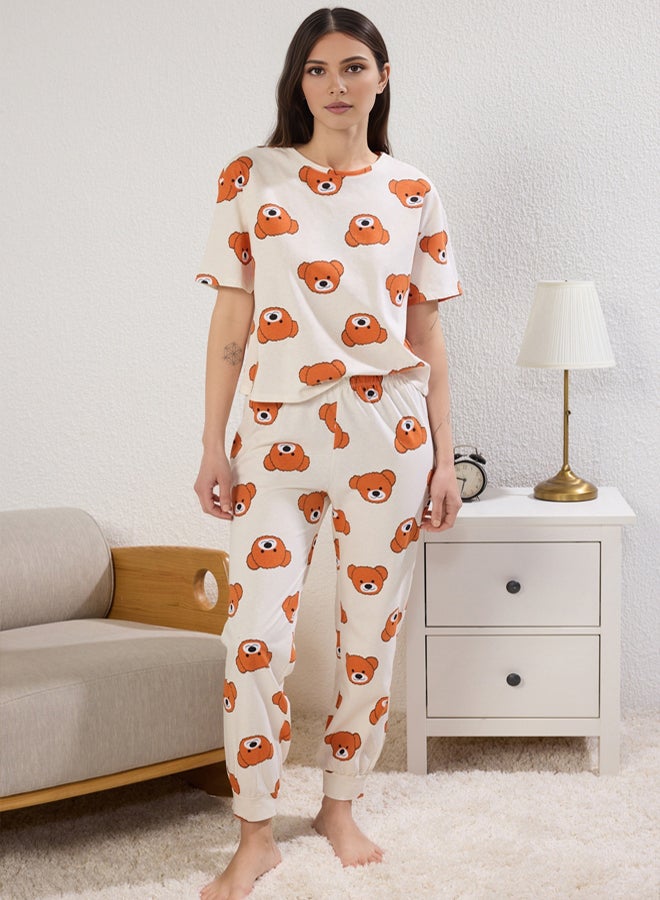 trendyol Ecru Knitted Pajama Set with Teddy Bear - 100% Cotton - Image 2