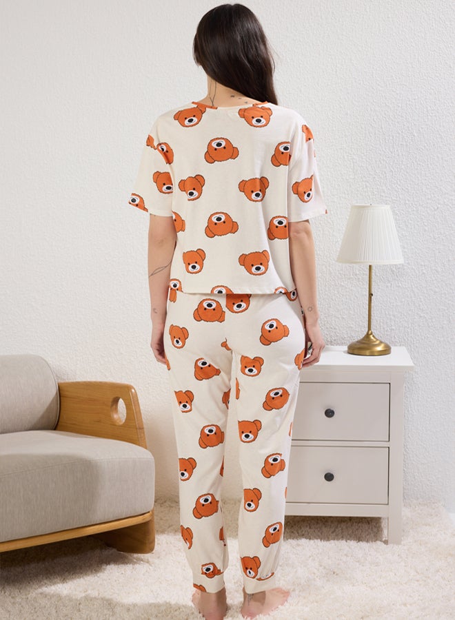 trendyol Ecru Knitted Pajama Set with Teddy Bear - 100% Cotton - Image 4