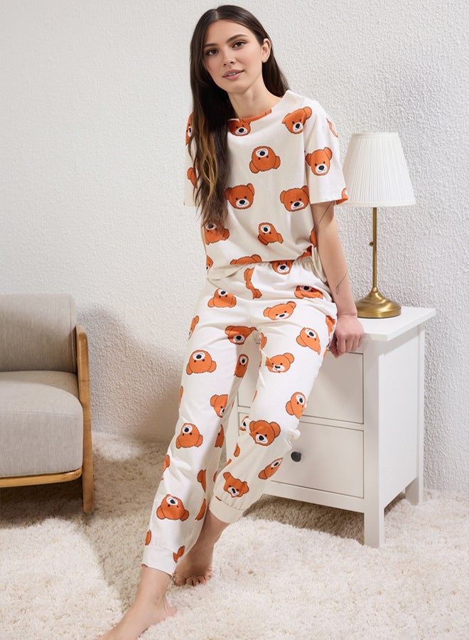trendyol Ecru Knitted Pajama Set with Teddy Bear - 100% Cotton - Image 1
