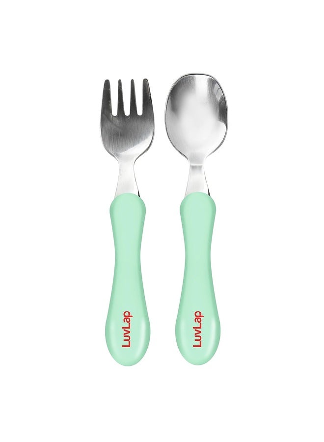 Luvlap Premium Stainless Steel Baby Spoon & Fork Set for Baby Feeding, Stainless Steel Spoonand Fork Set, Food Grade PP Spoon, BPA Free Feeding Spoon for Kids of 12+ Months (Light Blue) - Image 1