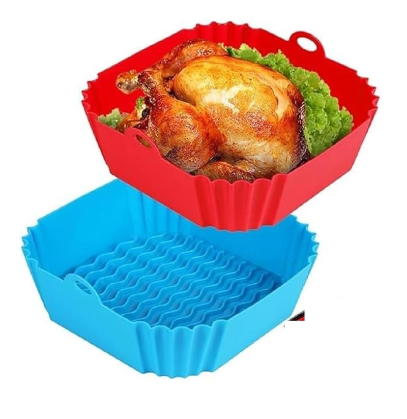 Xacton Air Fryer Silicone Liners - 8 Inch Square Reusable Non-Stick Basket with Handles I Heat Resistant Baking Tray for Air Fryer, Oven & Microwave I Multicolour I Easy to Clean - Pack of 2 Pcs - Image 1