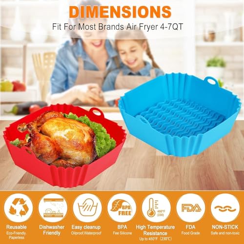Xacton Air Fryer Silicone Liners - 8 Inch Square Reusable Non-Stick Basket with Handles I Heat Resistant Baking Tray for Air Fryer, Oven & Microwave I Multicolour I Easy to Clean - Pack of 2 Pcs - Image 5
