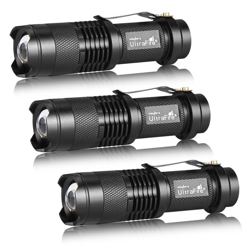 ULTRAFIRE 3 Pack Mini Flashlights Focus Adjustable SK68 Single Mode Tactical LED Flashlight Ultra Bright 300 Lumens Torch