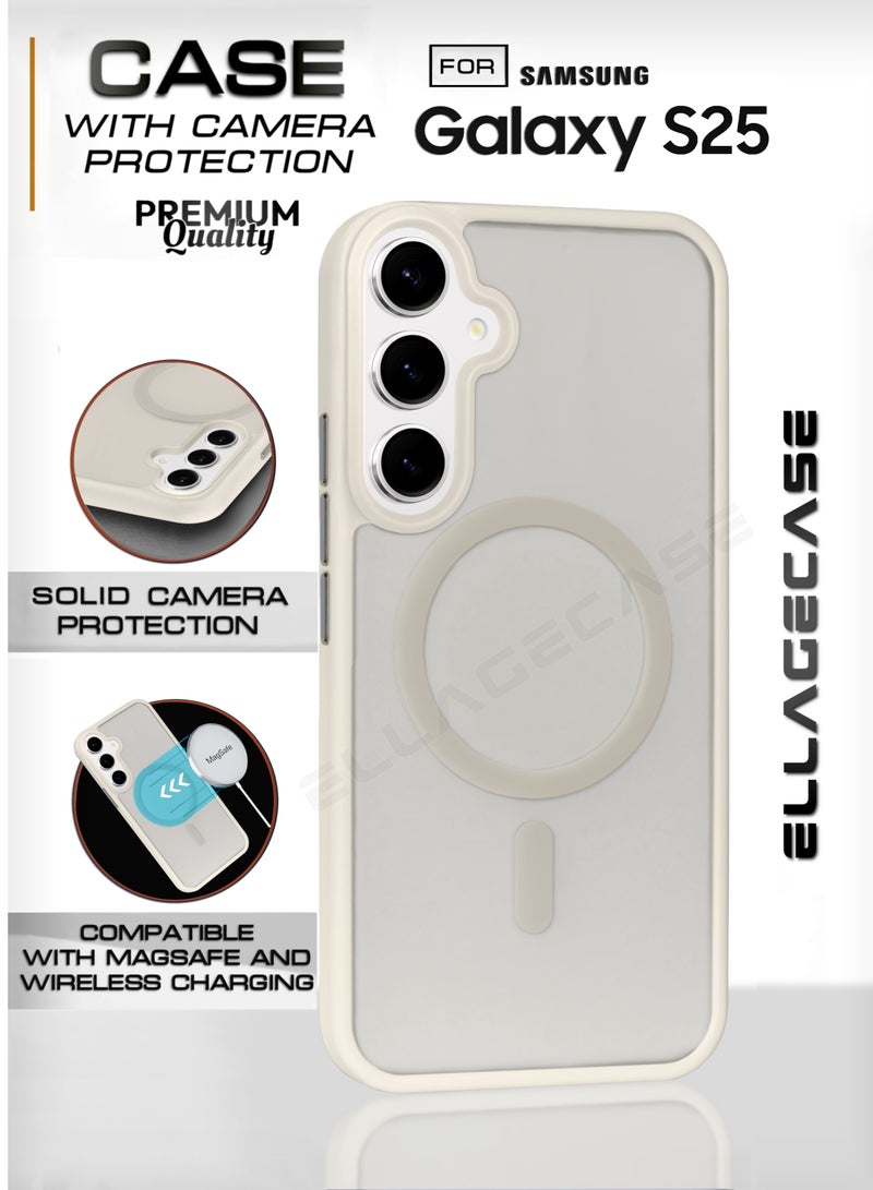 ELLAGECASE White Stylish Case for Samsung Galaxy S25, Solid Camera Protection, Shockproof, Enhanced Protection, Compatible with MagSafe and Wireless Charging - Image 1