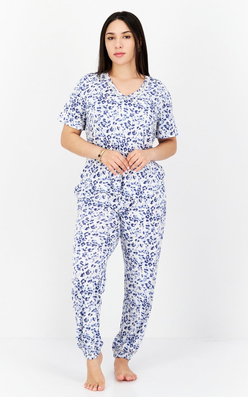 PJ Couture Women 2 Pieces Allover Print Top And Bottom Pajama Set, Blue Combo - Image 1