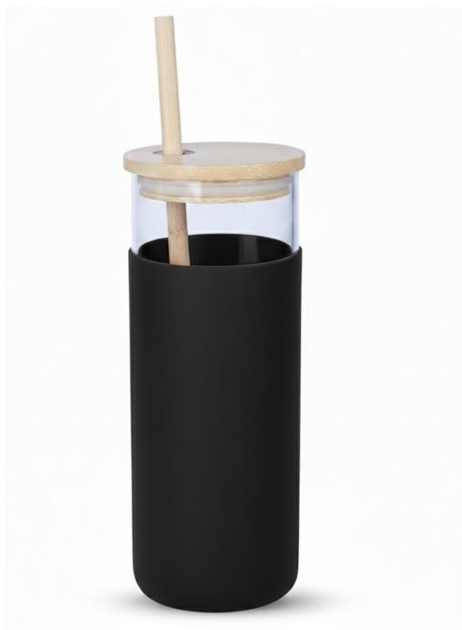 فالمر كوب زجاجي مع حافظة واقية من السيليكون مع ماصه من الكارتون للمشروبات الباردة والعصائر بغطاء خشب سعه 500 مل - شفاف/أسود - Image 1