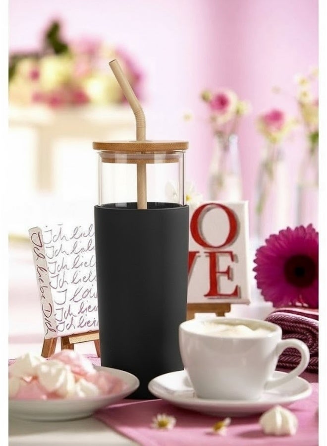 فالمر كوب زجاجي مع حافظة واقية من السيليكون مع ماصه من الكارتون للمشروبات الباردة والعصائر بغطاء خشب سعه 500 مل - شفاف/أسود - Image 4