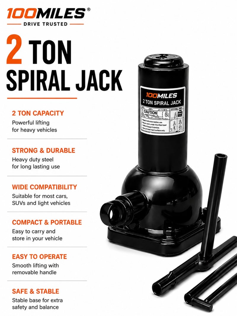 100Miles 2 Ton Spiral Bottle Jack Heavy Duty Mechanical Car Lifting Jack with Steel Operating Handle, Portable Manual Vehicle Lift Tool for Emergency Tire Change, Garage Repair, Roadside Assistance, SUV, Mini Coach, Jeep, Farm Vehicle Maintenance Equipment -5221. - Image 1