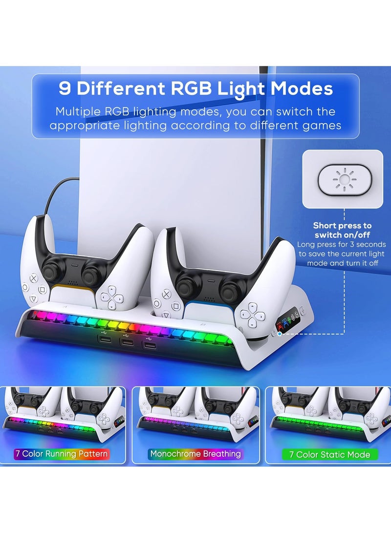 erorex PS5 Slim Cooling Stand with Controller Charging Station for PS5 Slim Console (Digital/Disc) PS5 Slim Accessories Incl 9 RGB Lights & Headset Hook, 3-Level Silent Fan, 3 USB Port (White - Image 4