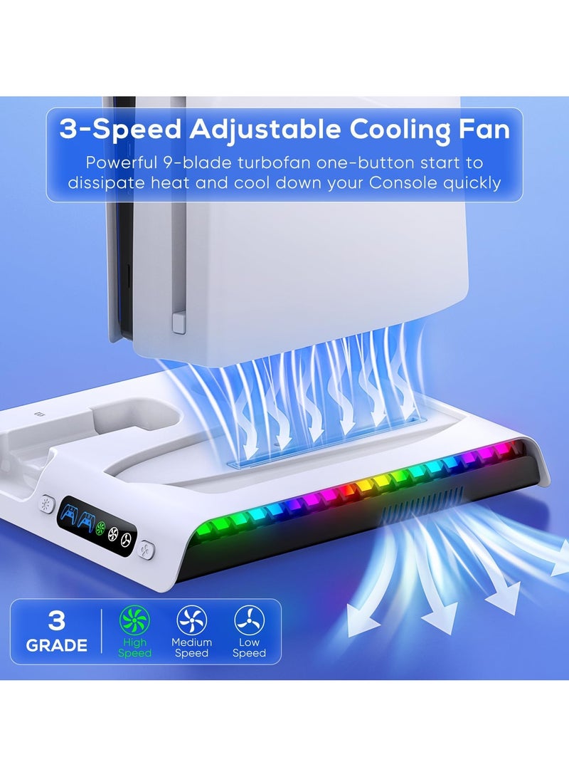 erorex PS5 Slim Cooling Stand with Controller Charging Station for PS5 Slim Console (Digital/Disc) PS5 Slim Accessories Incl 9 RGB Lights & Headset Hook, 3-Level Silent Fan, 3 USB Port (White - Image 5