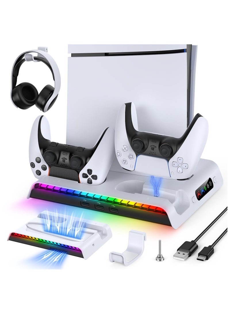 erorex PS5 Slim Cooling Stand with Controller Charging Station for PS5 Slim Console (Digital/Disc) PS5 Slim Accessories Incl 9 RGB Lights & Headset Hook, 3-Level Silent Fan, 3 USB Port (White - Image 1