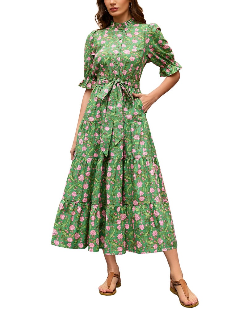 YEXPINE Women's Floral Printed Stand Ruffle Collar Midi Dress Half Sleeve Button Down Flowy Belted Beach Vacation Dress Green - Image 1
