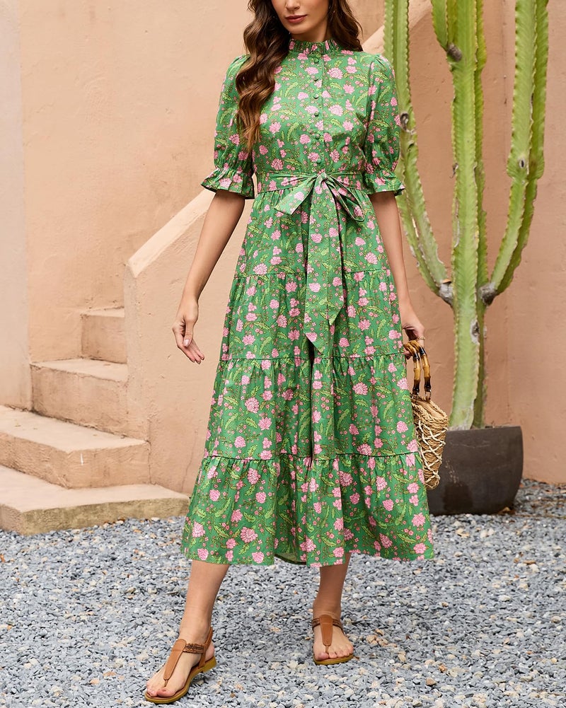 YEXPINE Women's Floral Printed Stand Ruffle Collar Midi Dress Half Sleeve Button Down Flowy Belted Beach Vacation Dress Green - Image 2