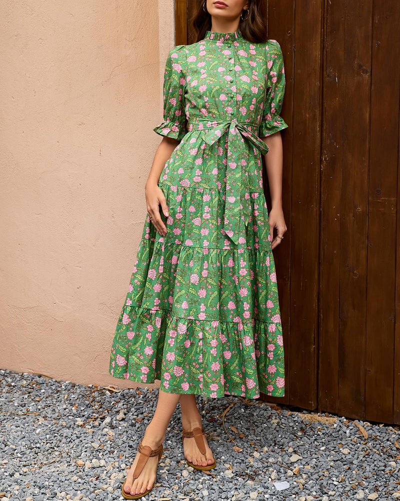YEXPINE Women's Floral Printed Stand Ruffle Collar Midi Dress Half Sleeve Button Down Flowy Belted Beach Vacation Dress Green - Image 5