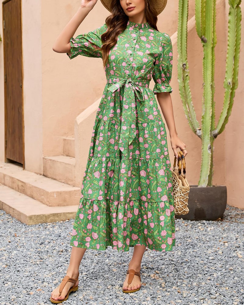 YEXPINE Women's Floral Printed Stand Ruffle Collar Midi Dress Half Sleeve Button Down Flowy Belted Beach Vacation Dress Green - Image 3