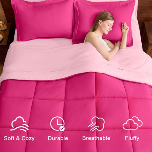 FUANNA Queen Comforter Set 7 Pieces, Reversible Queen Size Bed in a Bag with All Season Soft Comforter, Bedding Sets Includes Comforter, Flat Sheet, Fitted Sheet, Pillowcases & Shams, Hot Pink & Pink - Image 2