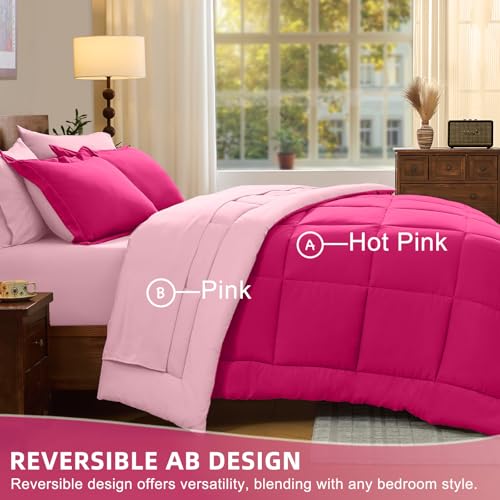 FUANNA Queen Comforter Set 7 Pieces, Reversible Queen Size Bed in a Bag with All Season Soft Comforter, Bedding Sets Includes Comforter, Flat Sheet, Fitted Sheet, Pillowcases & Shams, Hot Pink & Pink - Image 4