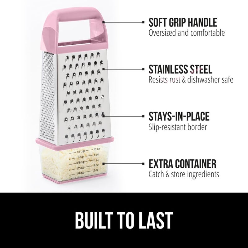 GORILLA GRIP 4-Sided 100% BPA-Free Cheese Grater With Container, Stainless Steel XL Box Graters, Parmesan Shredder, Grate Cheeses, Shred Veggies, Slip Resistant Handle, Dishwasher Safe Zester, Pink - Image 2