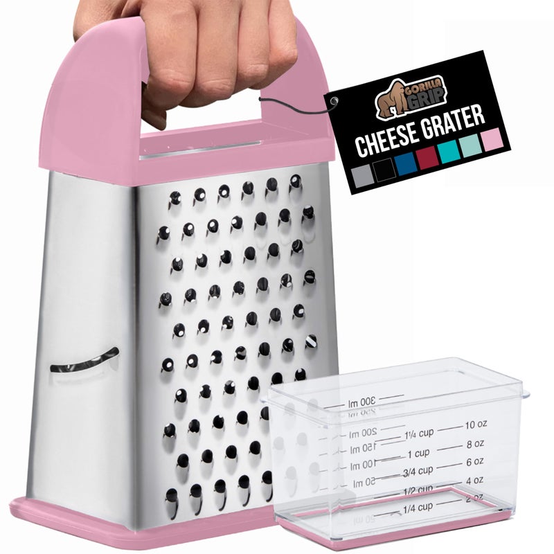 GORILLA GRIP 4-Sided 100% BPA-Free Cheese Grater With Container, Stainless Steel XL Box Graters, Parmesan Shredder, Grate Cheeses, Shred Veggies, Slip Resistant Handle, Dishwasher Safe Zester, Pink - Image 1