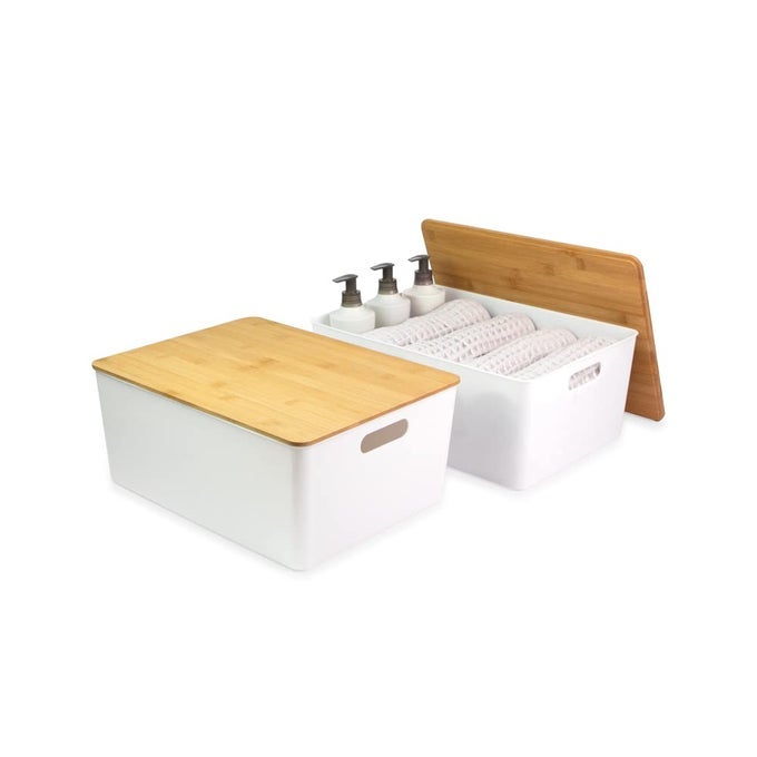 2PACK XL WHITE STORAGE BIN SET WCUTOUT HANDLES AND BAMBOO LID PLASTIC ORGANIZERS FOR HOME PANTRY KITCHEN CLOSET OFFICE HOME DCOR BPA FREE FOOD SAFE EXTRALARGE WHITE