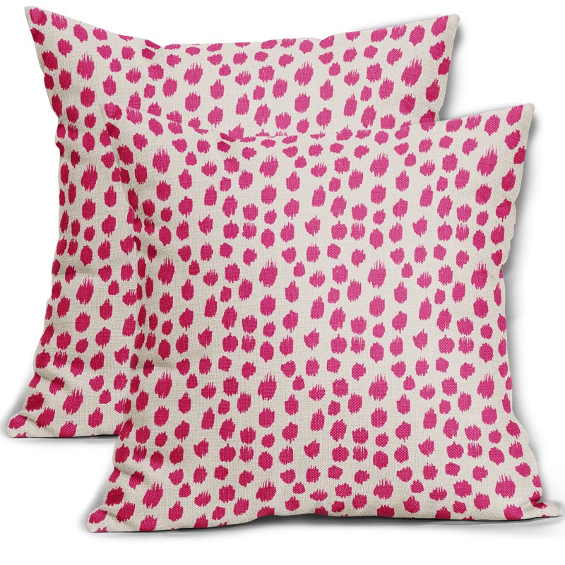 Sweetshow Hot Pink Cream Pillow Covers 18x18 Set of 2 Boho Design Polka Dot Throw Pillows Modern Brush Strokes Print Decorative Outdoor Pillowcase Square Cushion Cover Linen Pillow Case for Home Sofa Couch Bed - Image 1