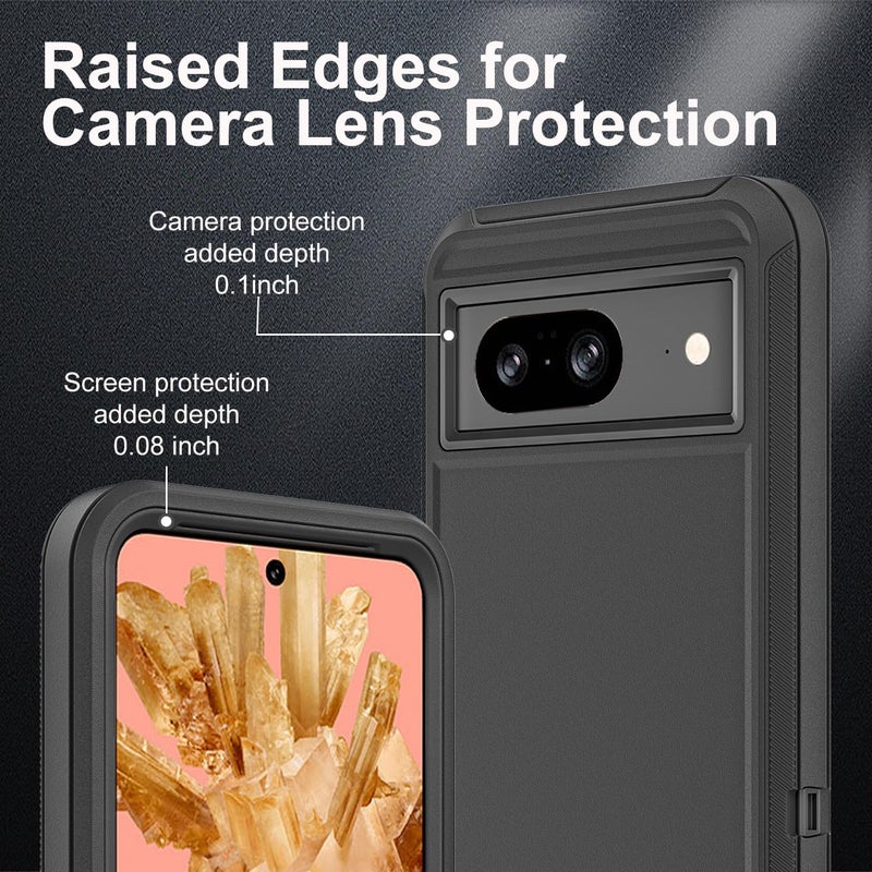 YKHJKLEC for Google Pixel 8 Case, Military Grade 3 in 1 Heavy Duty Shockproof/Drop Proof/Dust Proof Case with 2Pcs Tempered Glass Screen Protector (Black/Black) - Image 3