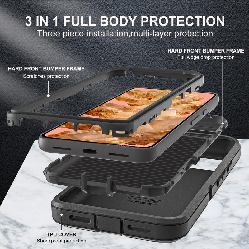 YKHJKLEC for Google Pixel 8 Case, Military Grade 3 in 1 Heavy Duty Shockproof/Drop Proof/Dust Proof Case with 2Pcs Tempered Glass Screen Protector (Black/Black) - Image 4