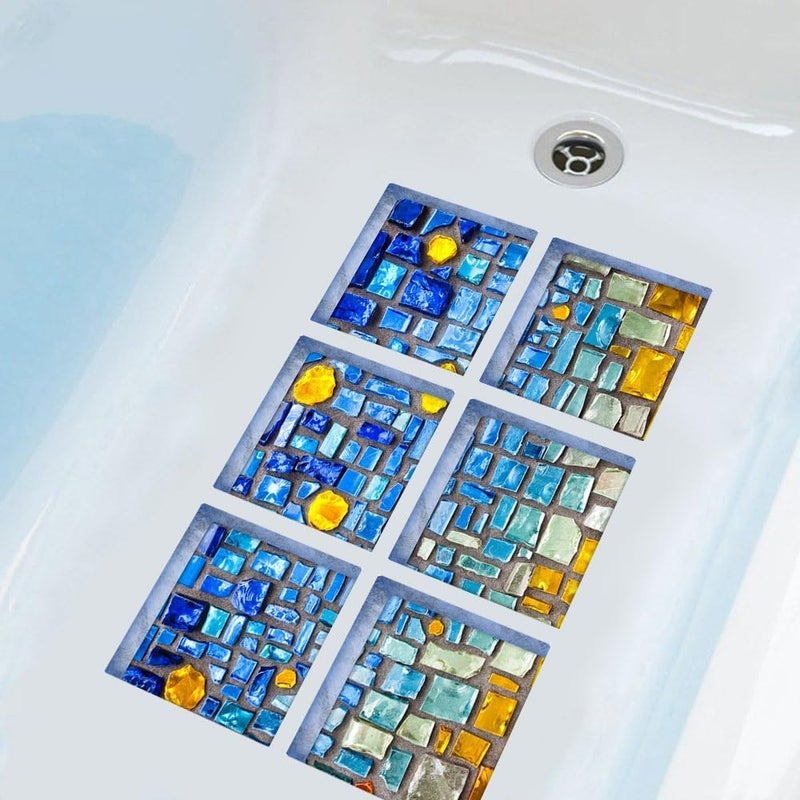 ChezMax 3D Stereoscopic Blue Mosaic DIY Anti Slip Safety Shower Bath Tub Decal Stickers Bathtub Appliques 6 Pcs 5.9" X 5.9" - Image 1