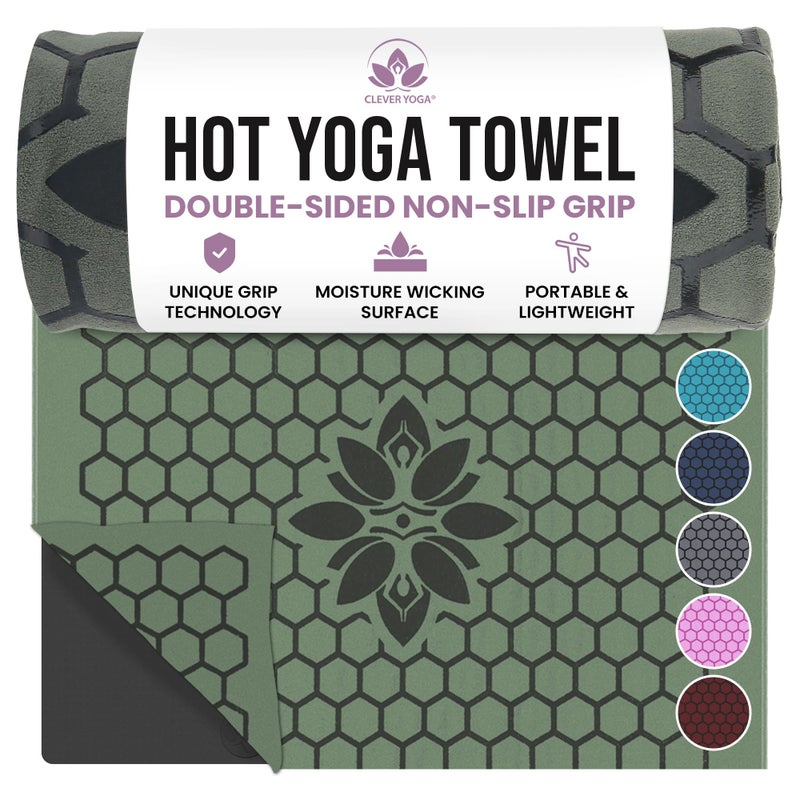 Clever Yoga Hot Yoga Mat Towel NonSlip Grip for Hot Yoga Sweat Absorbent Honeycomb Silicone Grip Stays Flat Ideal for Pilates Travel Washable Lightweight Olive