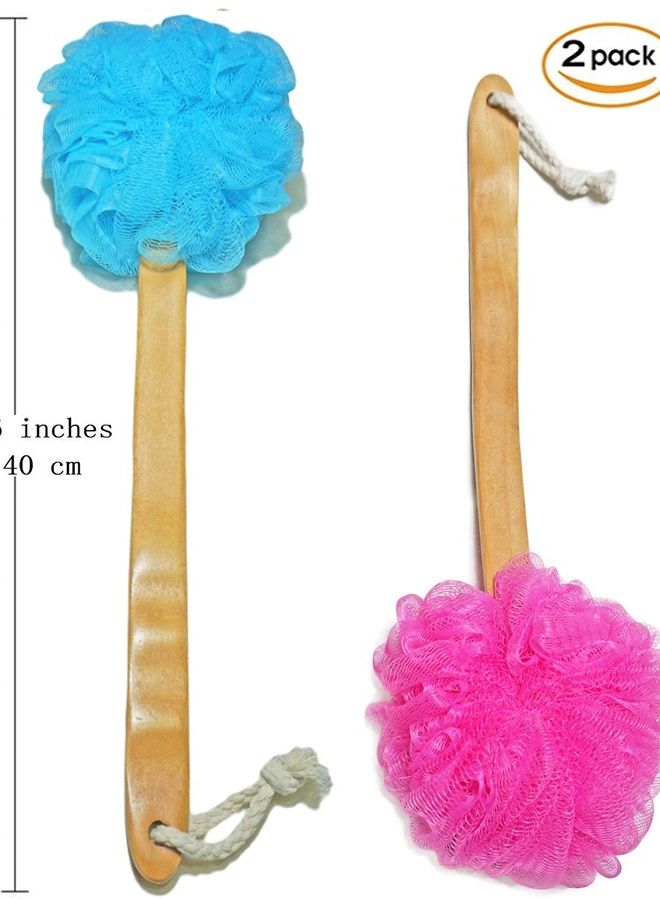 JINS-Hung Shower Loofah Body & Back Scrubber - Exfoliating Loofah Bath Brush On a Stick - With Long Wooden Handle Back Brush For Men & Women - Easy Reach Body Wash & Lotion Applicator（ 2 PACK- Blue&Red） - Image 1