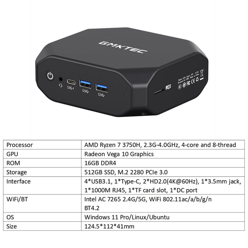 GMK NucBox KB4 Mini PC AMD Ryzen 7 3750H Processor Radeon Vega 10 Graphics GPU 16GB+512GB Memory Multiple Ports UK Plug Black - Image 2
