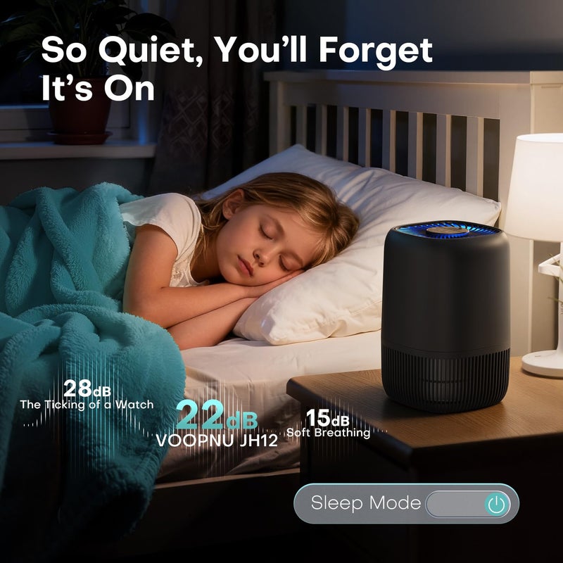 VOOPNU Air Purifiers for Office with H13 Quiet HEPA Filter Up to 1076 FtÂ² for Pet Family, Pollen, Smoke, Compact Air Cleaner with 3 Speeds, Timer, Aroma Quiet, 360Â°Intake, for Home Bedroom, Black - Image 5