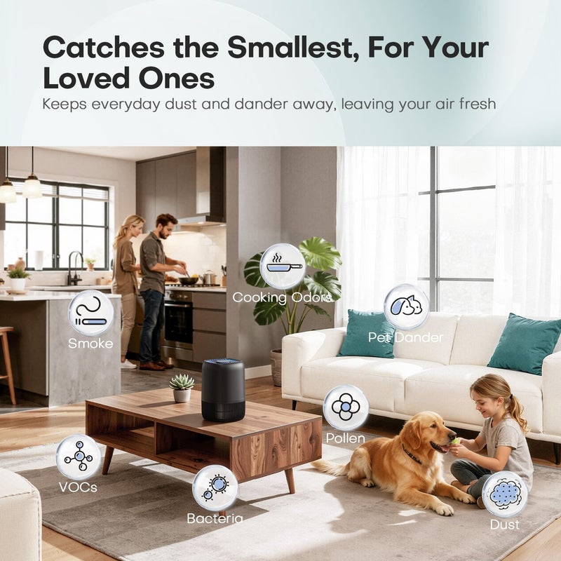VOOPNU Air Purifiers for Office with H13 Quiet HEPA Filter Up to 1076 FtÂ² for Pet Family, Pollen, Smoke, Compact Air Cleaner with 3 Speeds, Timer, Aroma Quiet, 360Â°Intake, for Home Bedroom, Black - Image 4