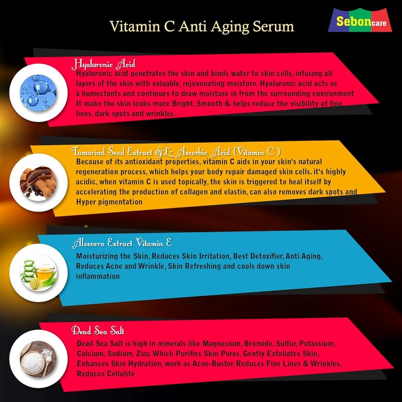 SebonCare SebonCare Vitamin C Serum for Face Enrich with Hyaluronic Acid Vitamin E Tamarind Extract Aloevera Extract Dead Sea Salt for Brightening Anti Ageing Wrinkle Control 30ml  - Image 4