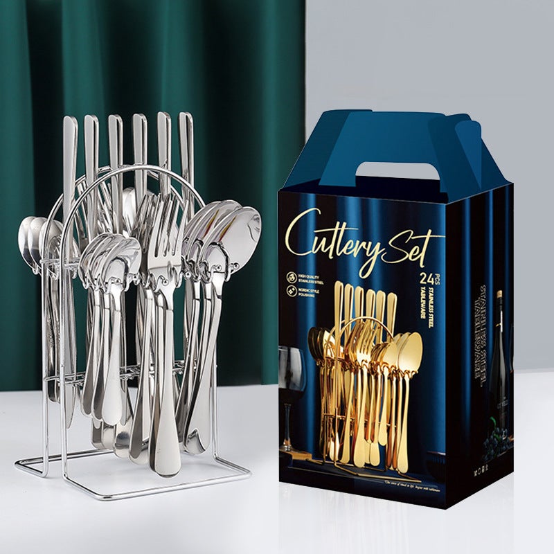 24-Piece Stainless Steel Western Dinnerware Set with Gold-Finish Storage Rack - Perfect Gift for Adults