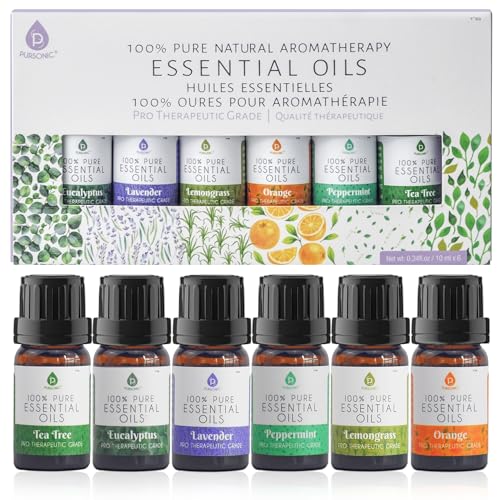 Pursonic Essential Oils Set - Top 6 Aromatherapy Blends Gift Set - 10ml 100% Pure Essential Oils for Diffusers, Home, Massage, & Bath (Eucalyptus,Lavender,Lemongrass,Orange,Peppermint,Tea Tree) - Image 1