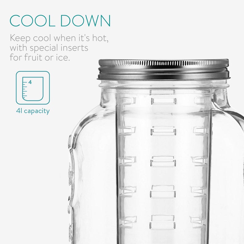 Navaris Glass Drink Dispenser with Spout - 4 L / 1 Gallon Mason Jar with Fruit & Ice Infuser - Beverage Fountain for Sweet Tea, Punch, Water, Cocktail - Drinks Pitcher For Parties - Image 4