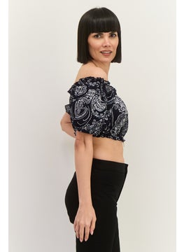 Lefties Women Off Shoulder Short Sleeve Allover Print Top, Navy  - Image 2