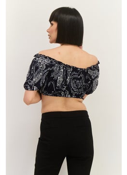 Lefties Women Off Shoulder Short Sleeve Allover Print Top, Navy  - Image 3