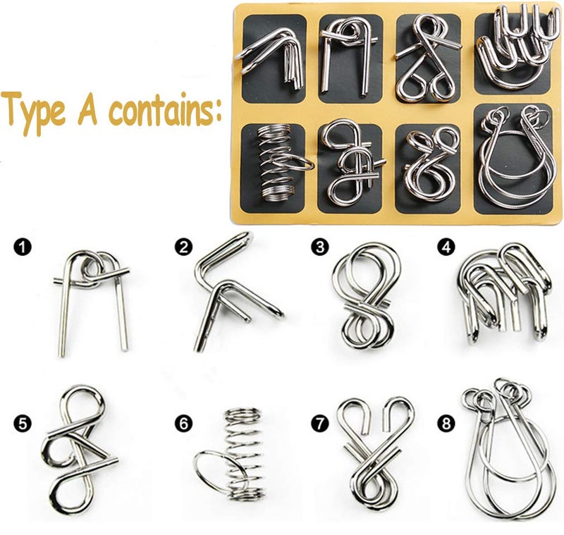 TANCH 16 PCS Type A+B Different Brain Teaser Metal Wire Puzzles IQ Challenge Magic Trick Unlinking & Linking Game Toys for Kids and Adults - Image 2